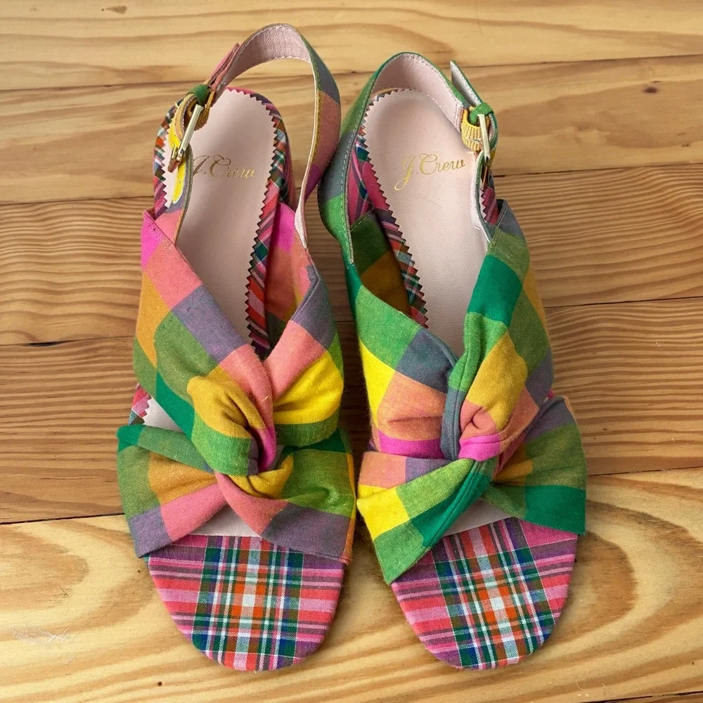 J. Crew Twisted Knot Penny Plaid Chunky Heeled Sandals Size 6
